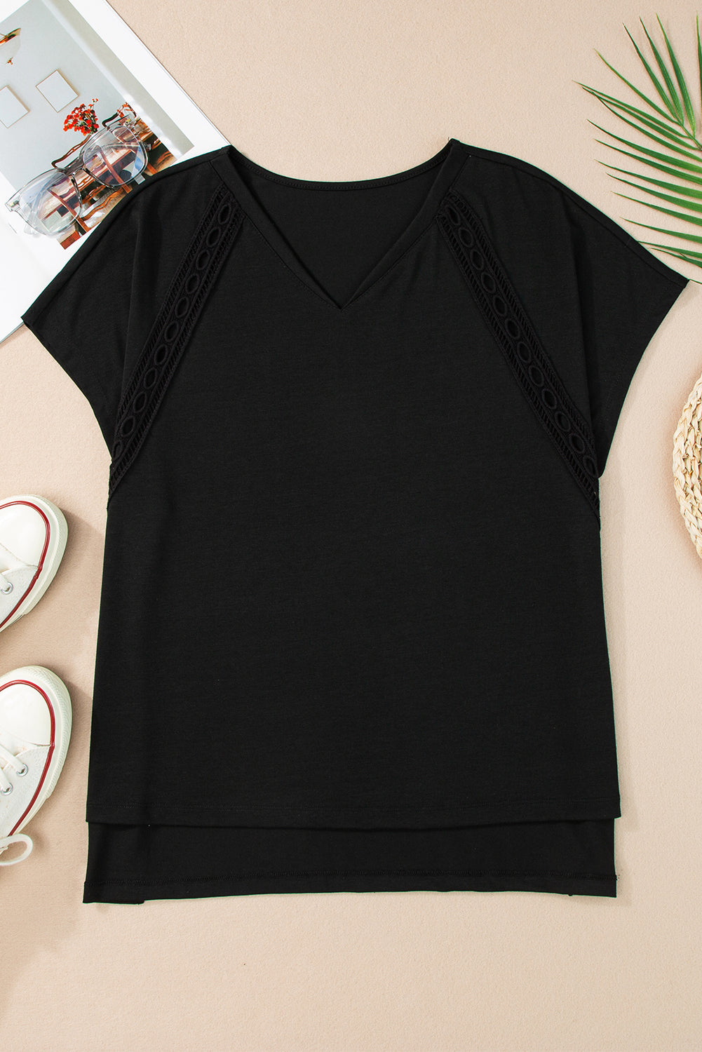 Lace Trim Oversized V-Neck Tee