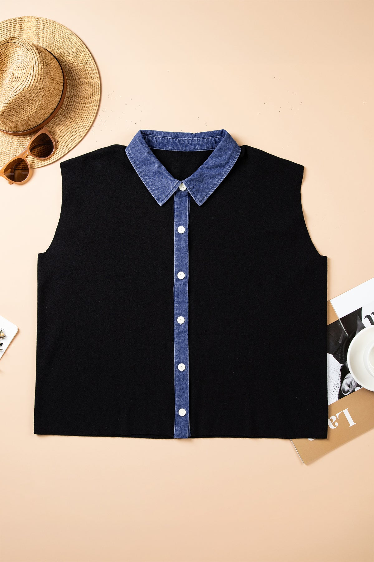 Plus Size Denim Patchwork Collar Sleeveless Cardigan