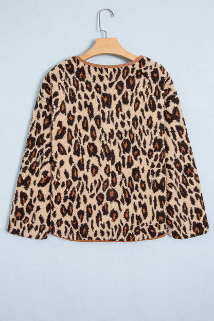 Leopard Fleece Corduroy Trim Buttoned Jacket