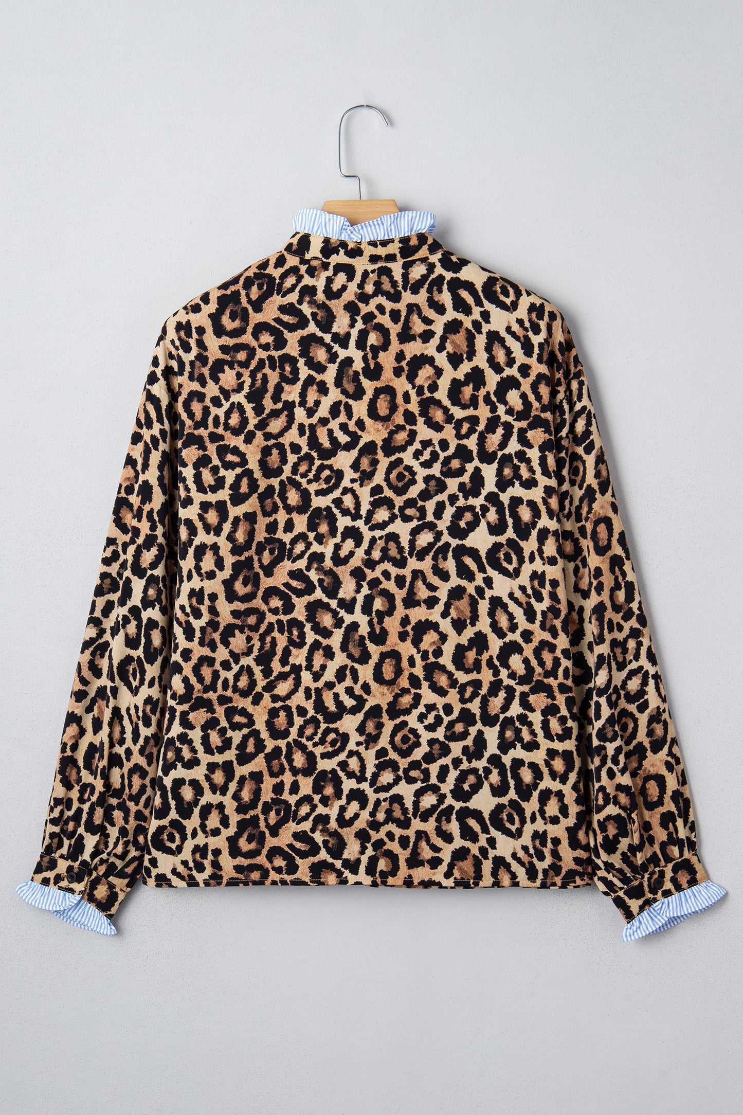 Leopard Frilled Stripe Trim Long Sleeve Shirt
