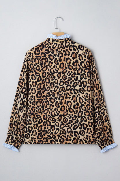 Leopard Frilled Stripe Trim Long Sleeve Shirt