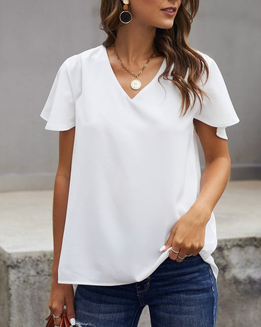 Ruffle Short Sleeve V-Neck Tee