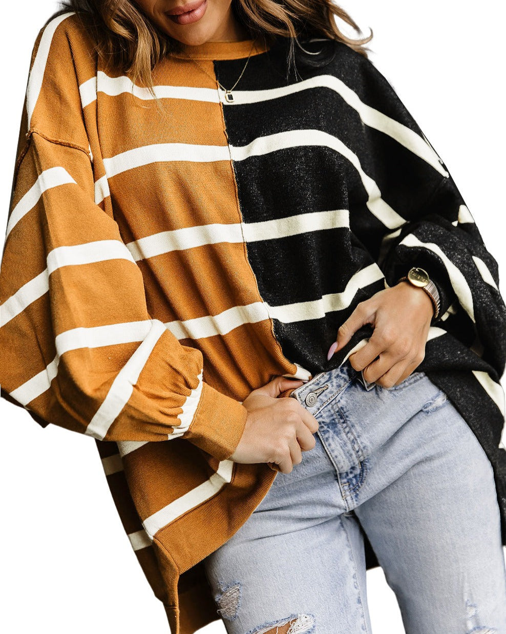 Stripe Colorblock Dropped Shoulder Top