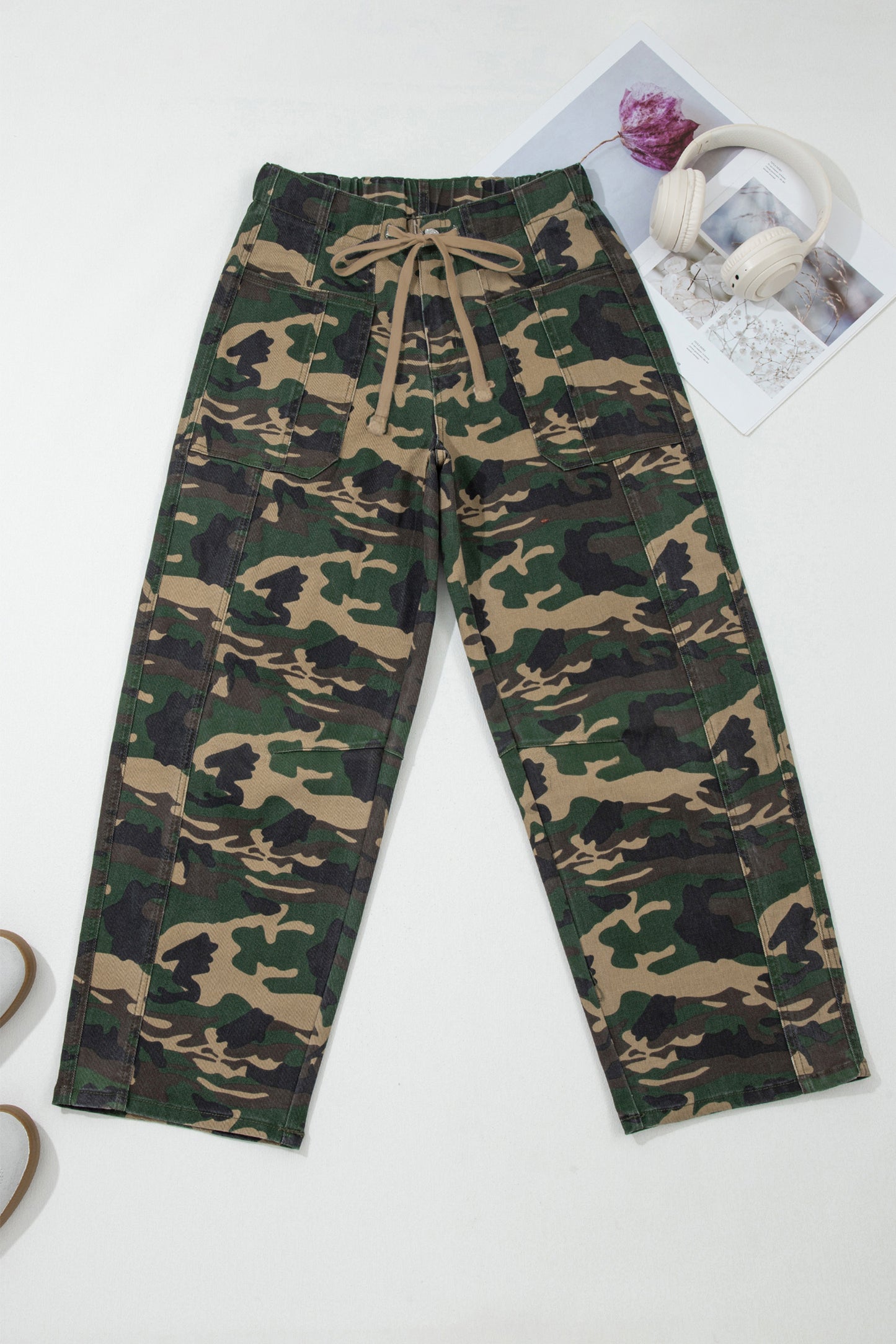 Camo Denim Patch Pocket Drawstring Barrel Leg Jeans