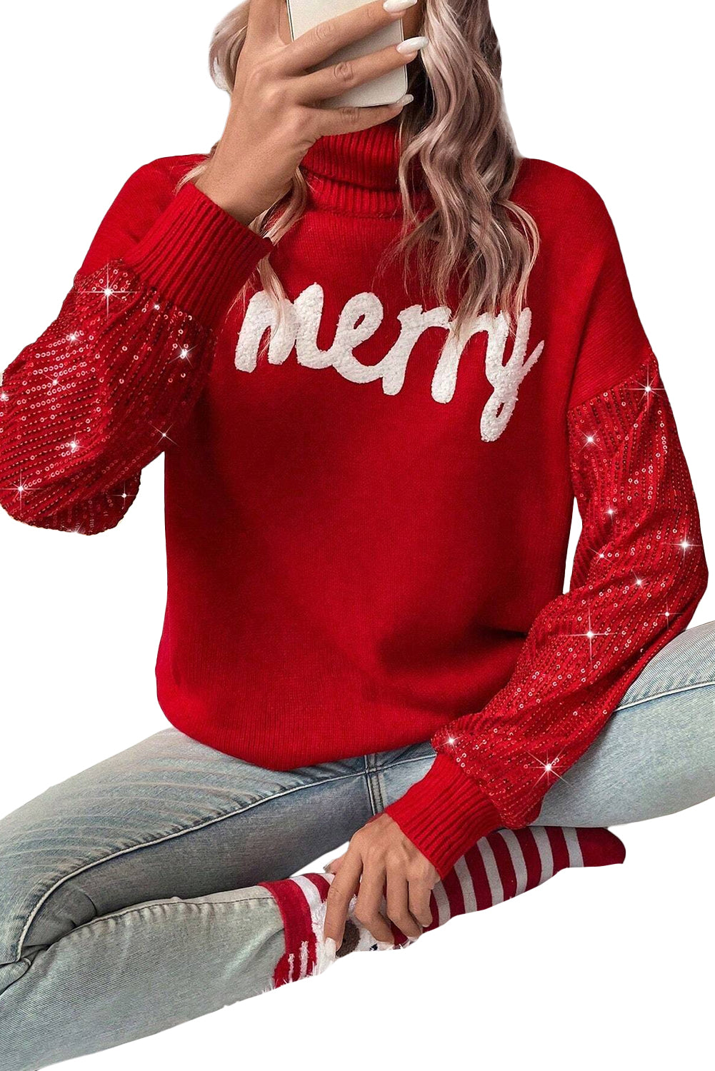 Merry Sequin Turtleneck Christmas Sweater