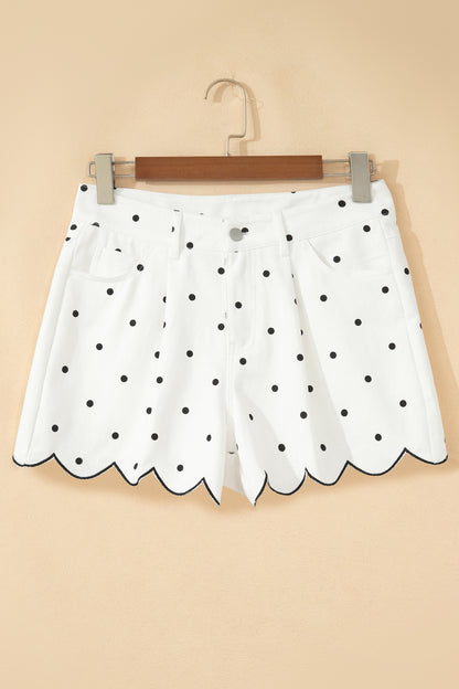 Polka Dot Denim Embroidered Scallop Hem Shorts