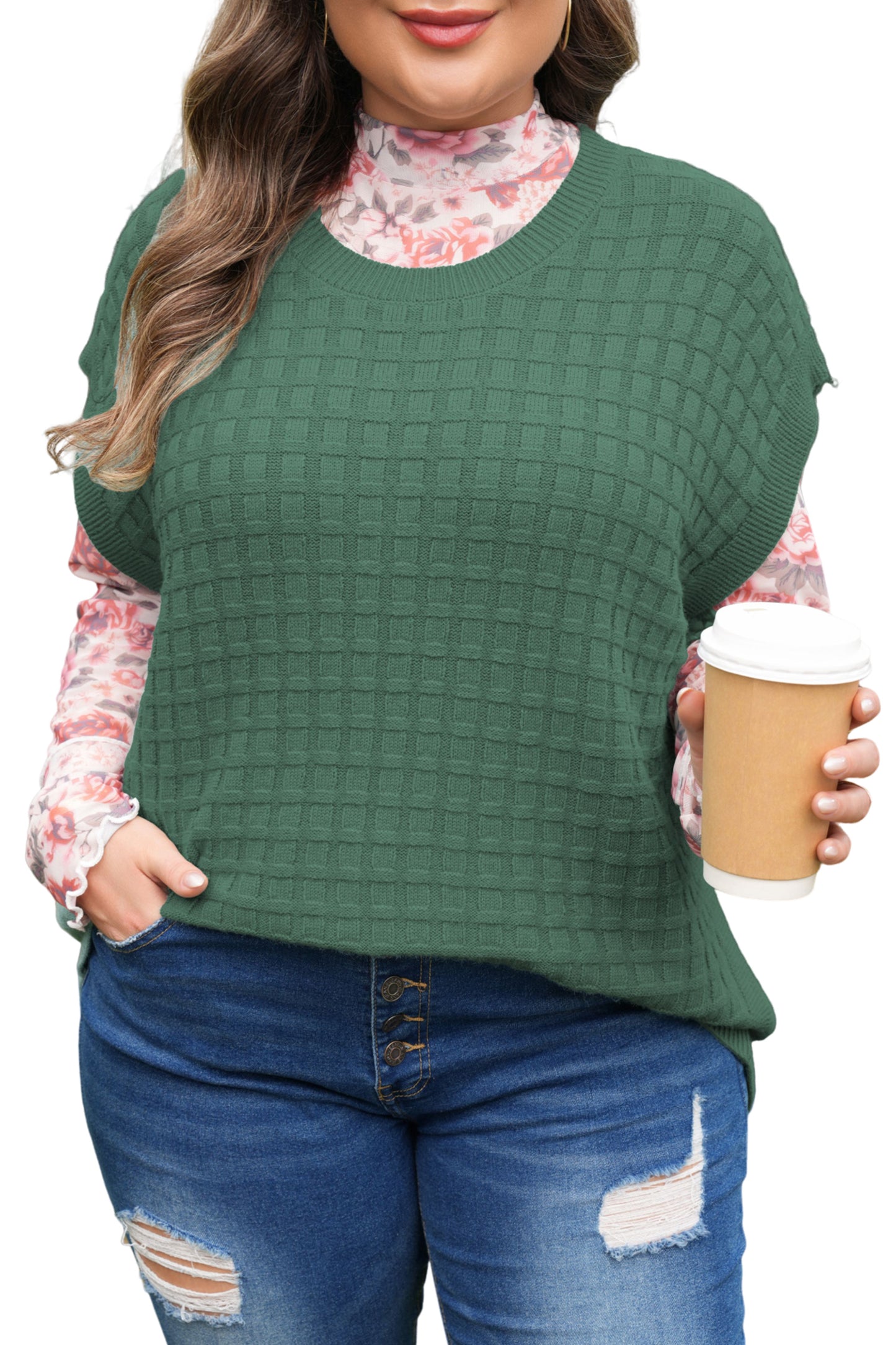 Plus Size Solid Textured Knit Short Sleeve Sweater