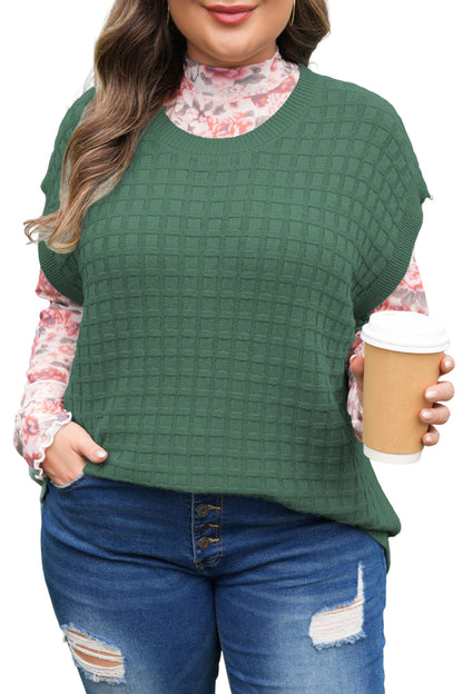 Plus Size Solid Textured Knit Short Sleeve Sweater