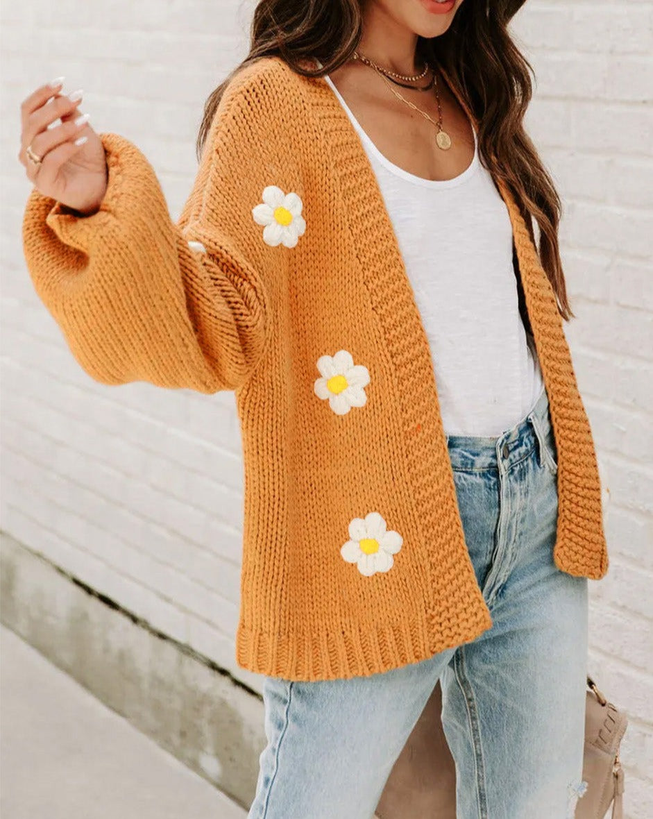 Floral Applique Bubble Sleeve Cardigan