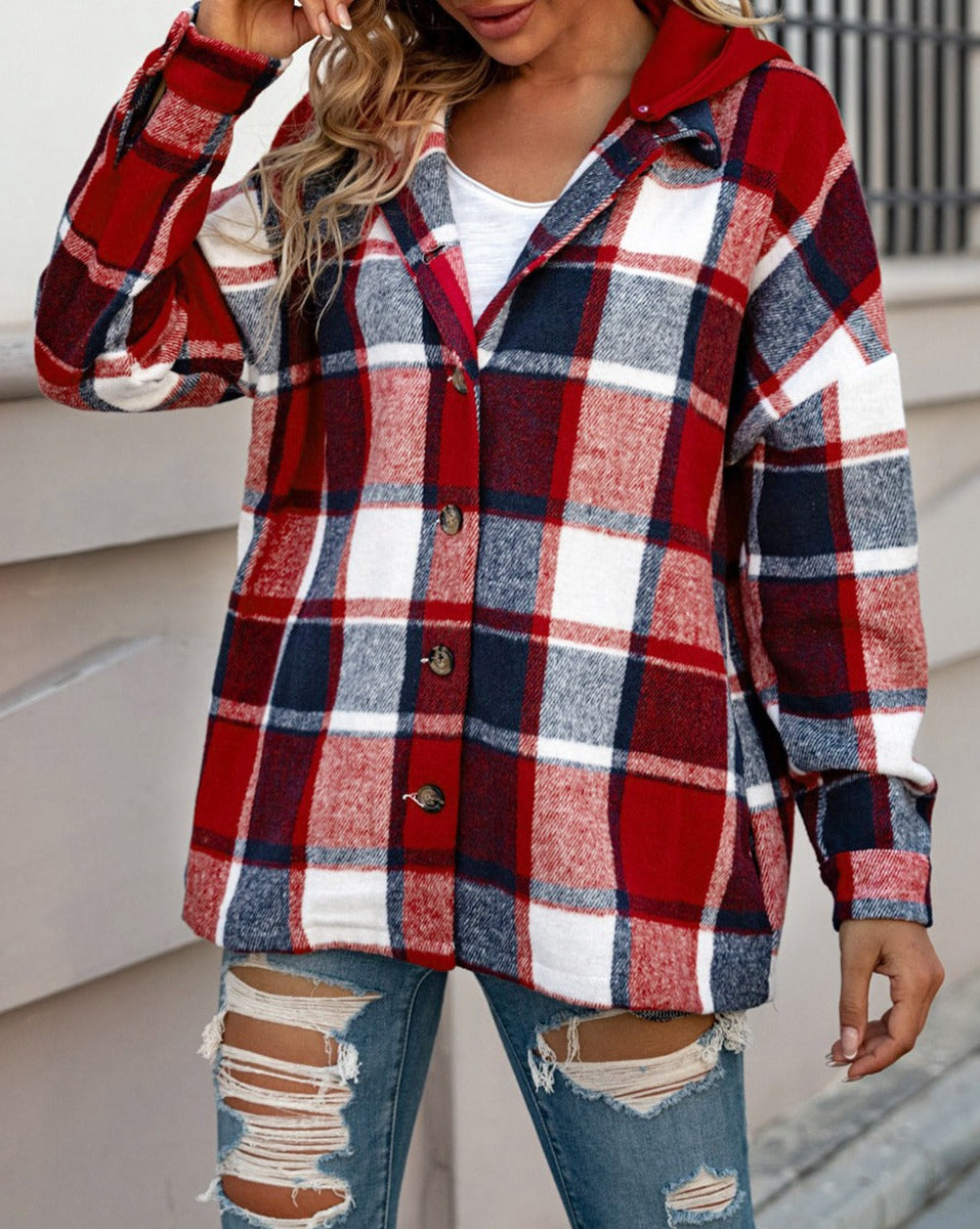 Plaid Button Front Hooded Shacket