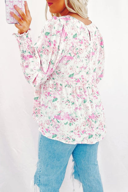 Floral Shirred Balloon Sleeve Blouse