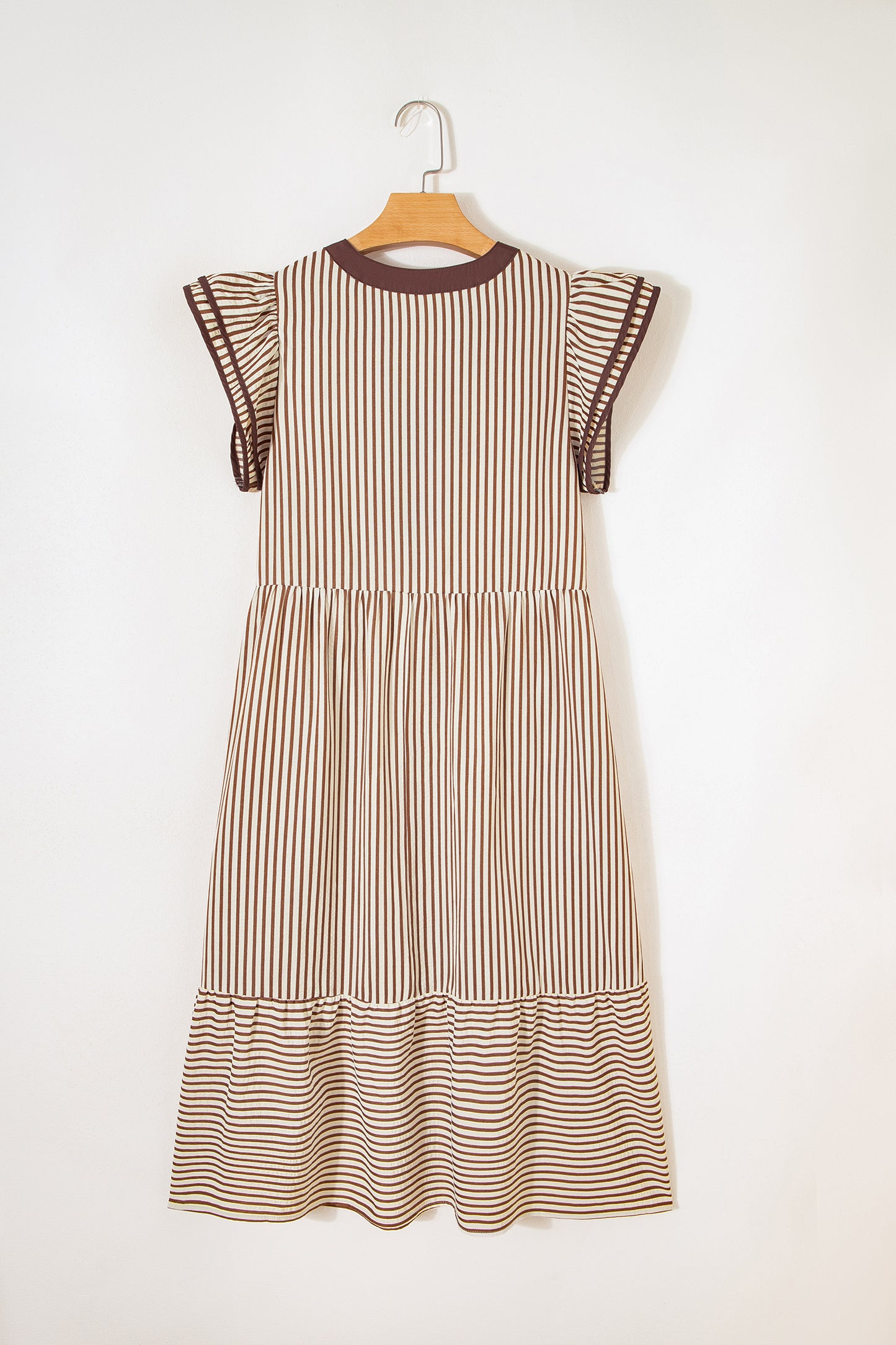 Stripe Ruffle Short Sleeve V-Neck Midi Dress