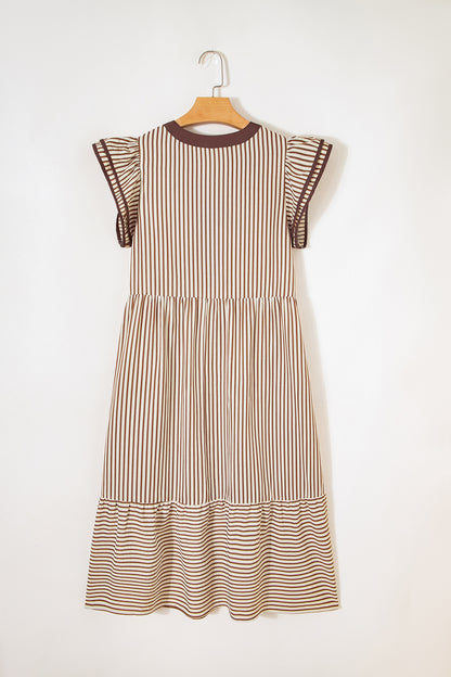 Stripe Ruffle Short Sleeve V-Neck Midi Dress