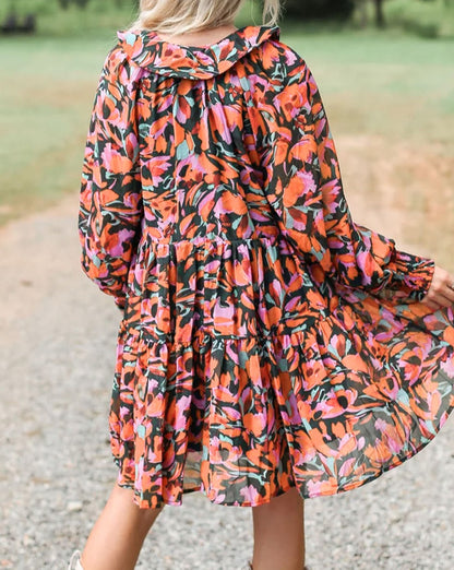 Abstract Floral Tassel Tie Dress