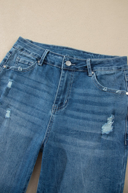 Denim High Waist Frayed Hem Flare Jeans