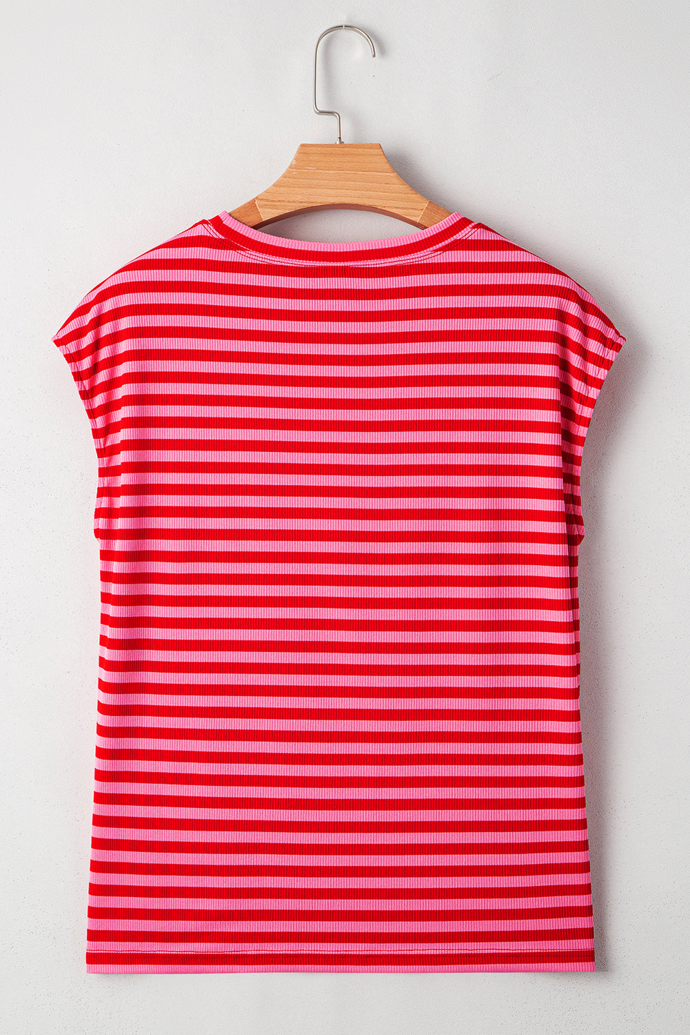 Stripe Ribbed Cap Sleeve Round Neck T-Shirt