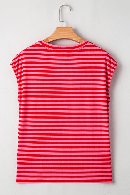 Stripe Ribbed Cap Sleeve Round Neck T-Shirt