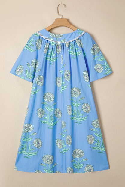 Plus Size Floral Stripe Contrast Short Sleeve Mini Dress