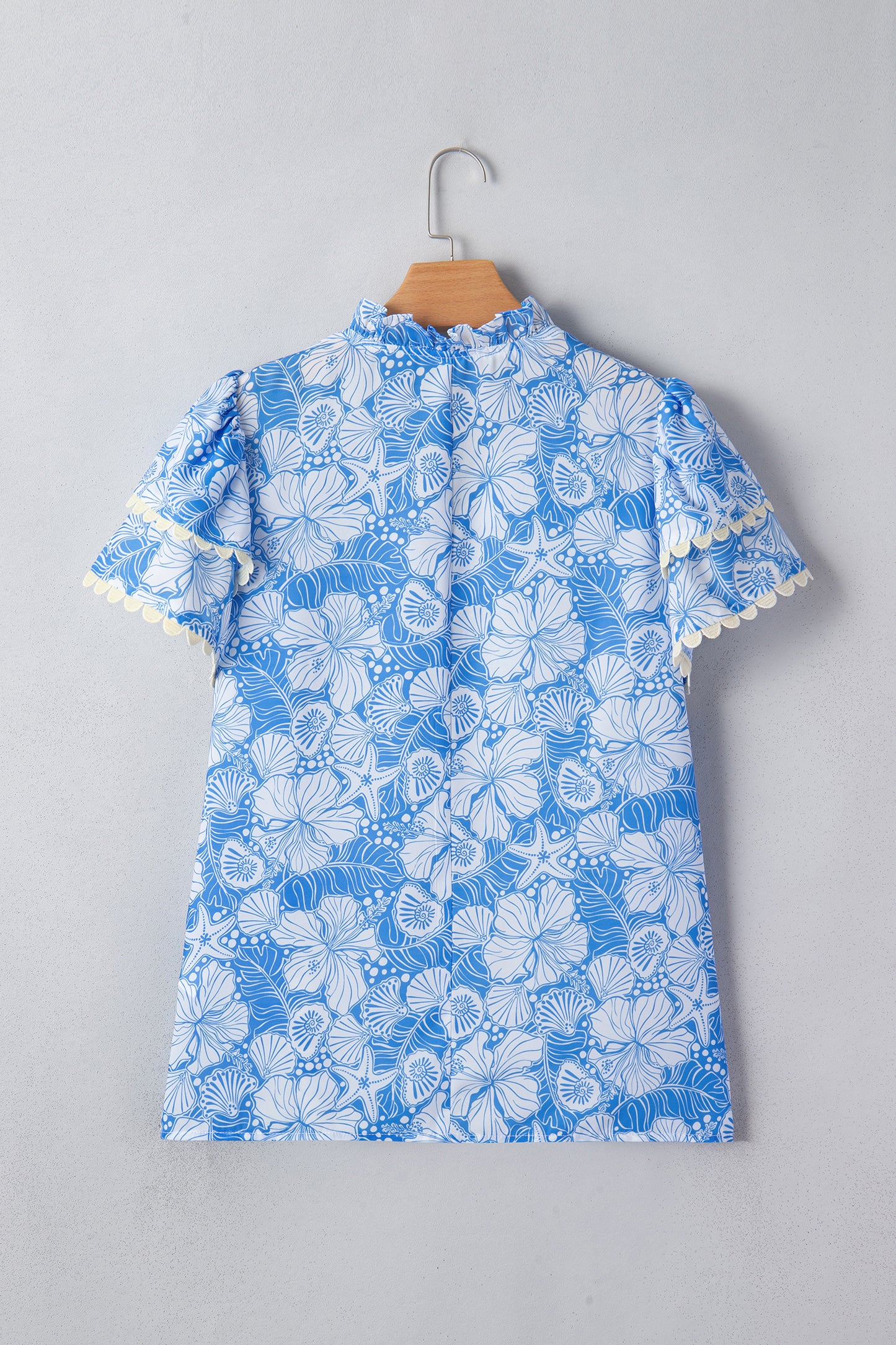 Oceanic Floral Scalloped Trim V-Neck Short Sleeve Blouse