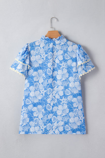 Oceanic Floral Scalloped Trim V-Neck Short Sleeve Blouse