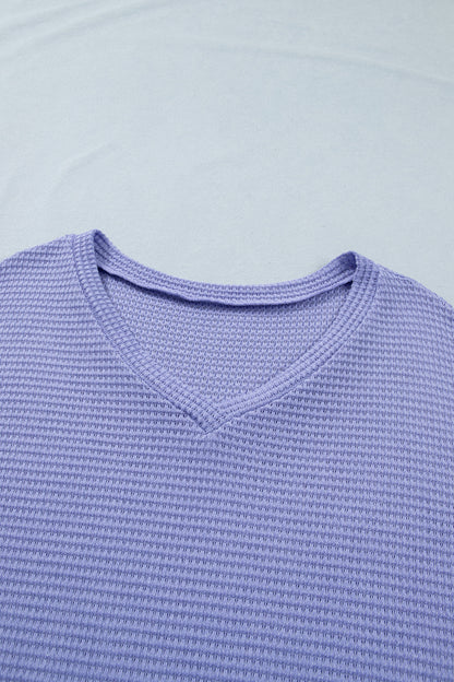 Plus Size Solid Waffle Knit V-Neck Short Sleeve Top