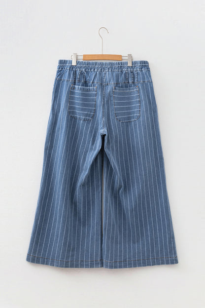 Plus Size Stripe Denim Buttoned Wide Leg Pants
