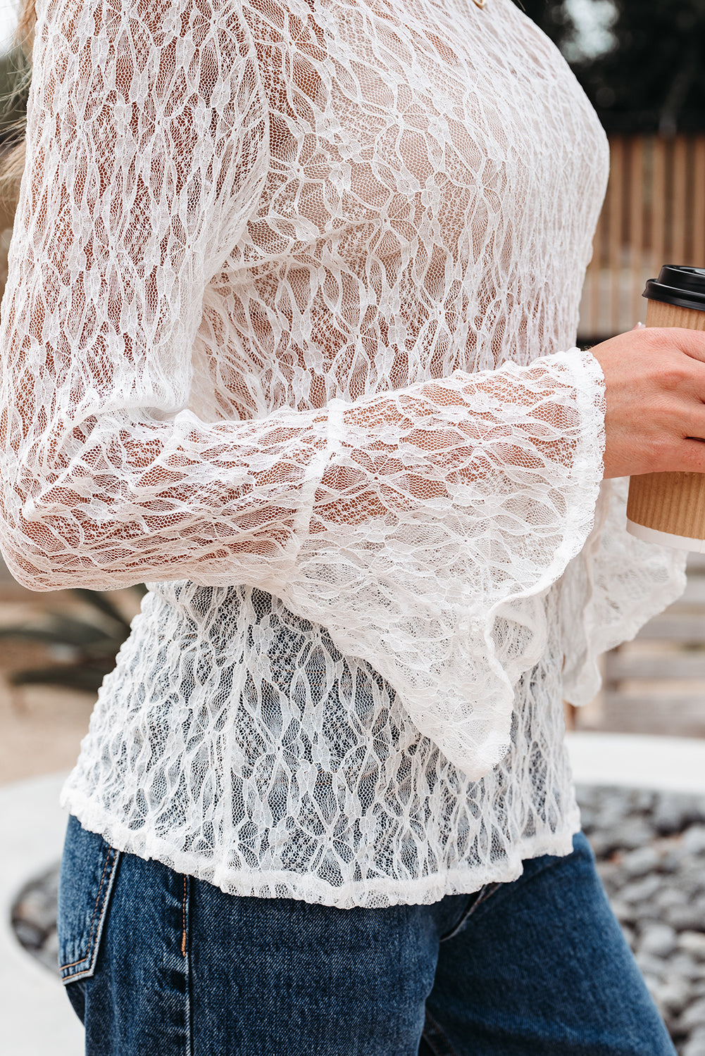 Sheer Lace Bell Sleeve Mock Neck Blouse