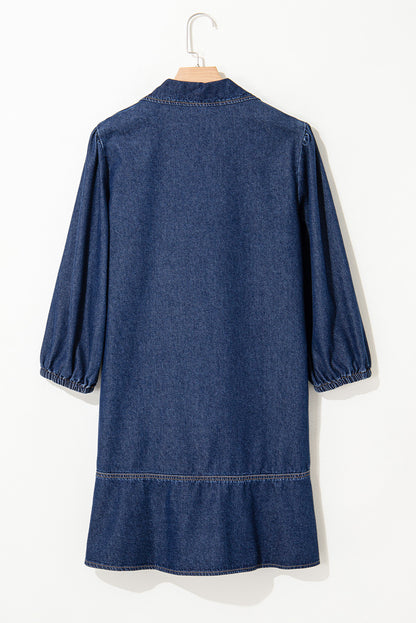 Denim Collared V-Neck Chest Pocket Dress