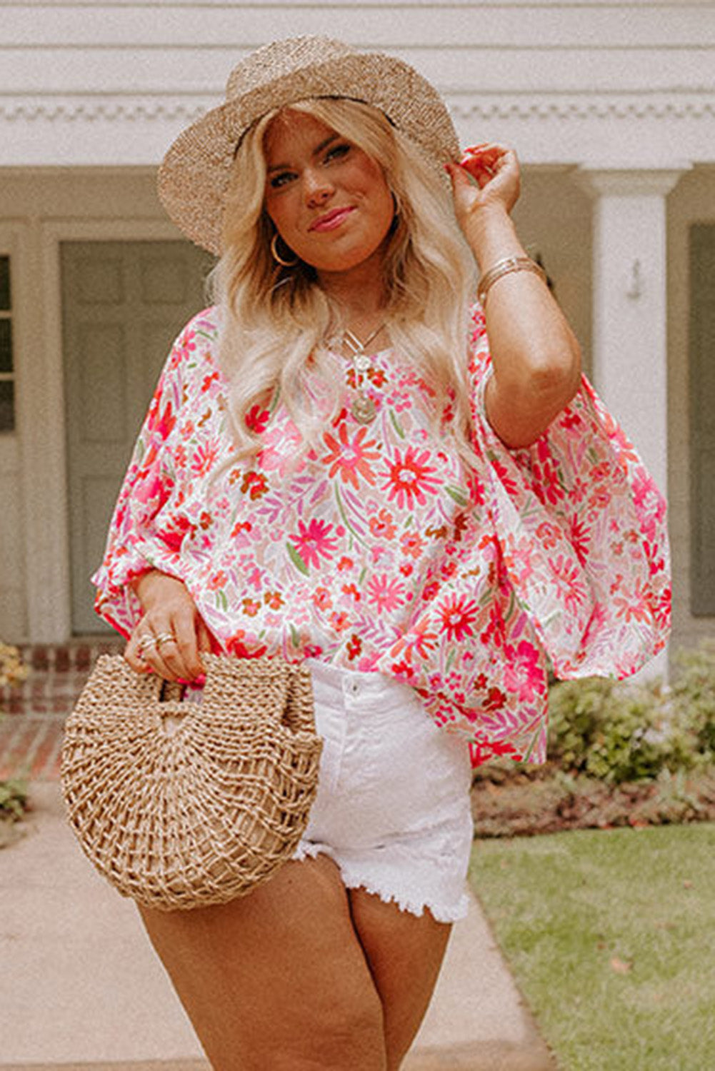 Floral Ruffled Half Sleeve V-Neck Plus Size Blouse