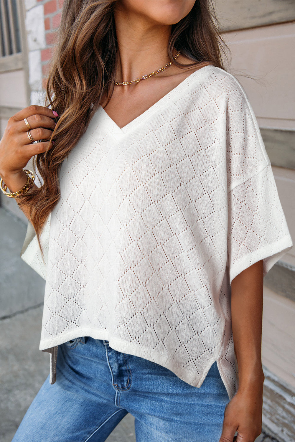 Pointelle Diamond Short Sleeve Blouse