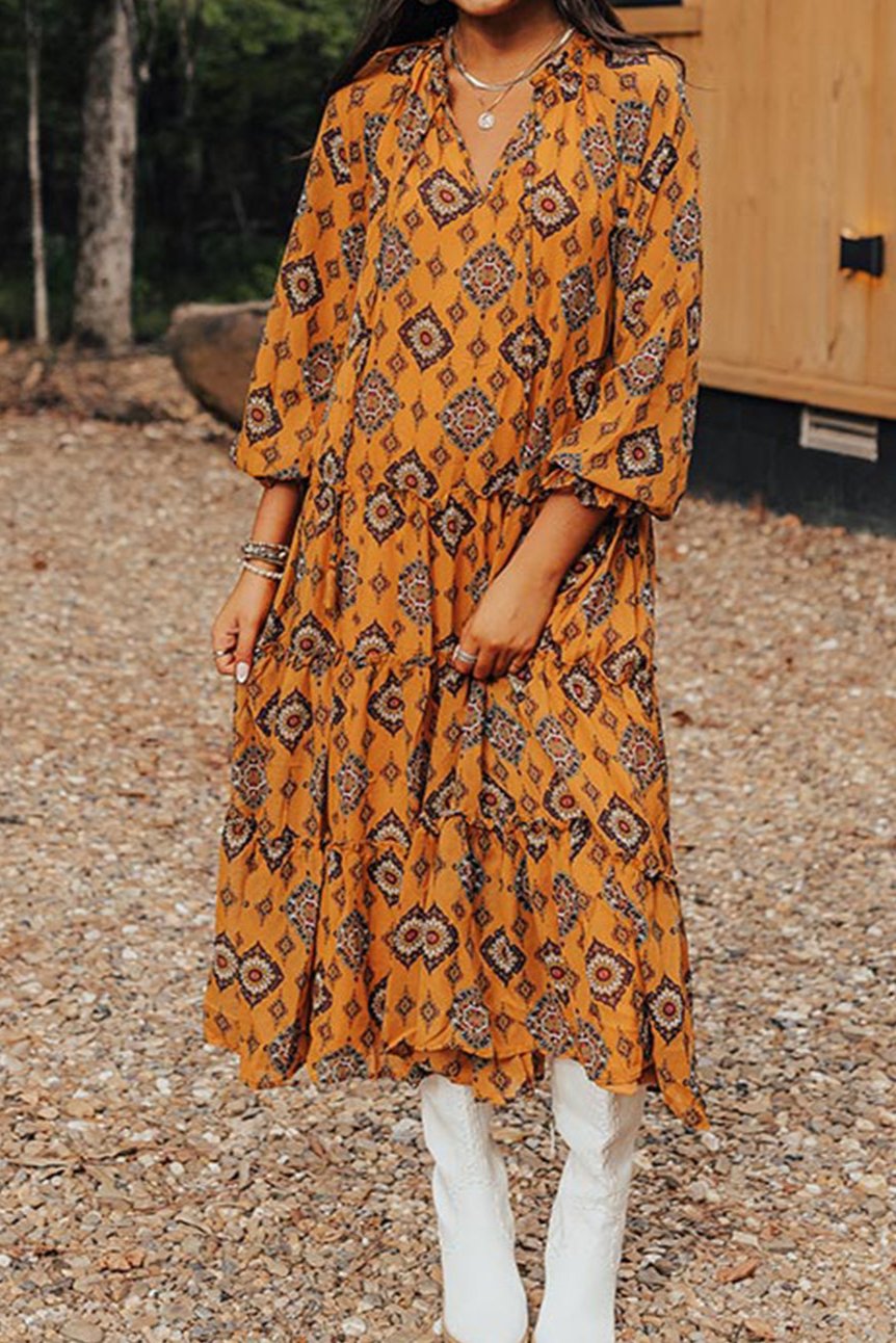 Western Geometric Tiered Midi Dress