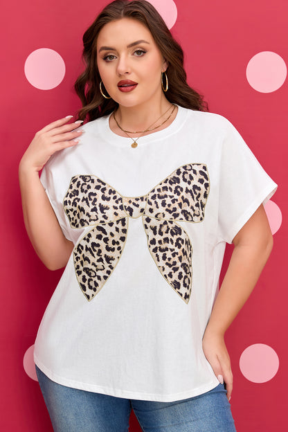 Plus Size Leopard Bow Embroidered Patch T-Shirt