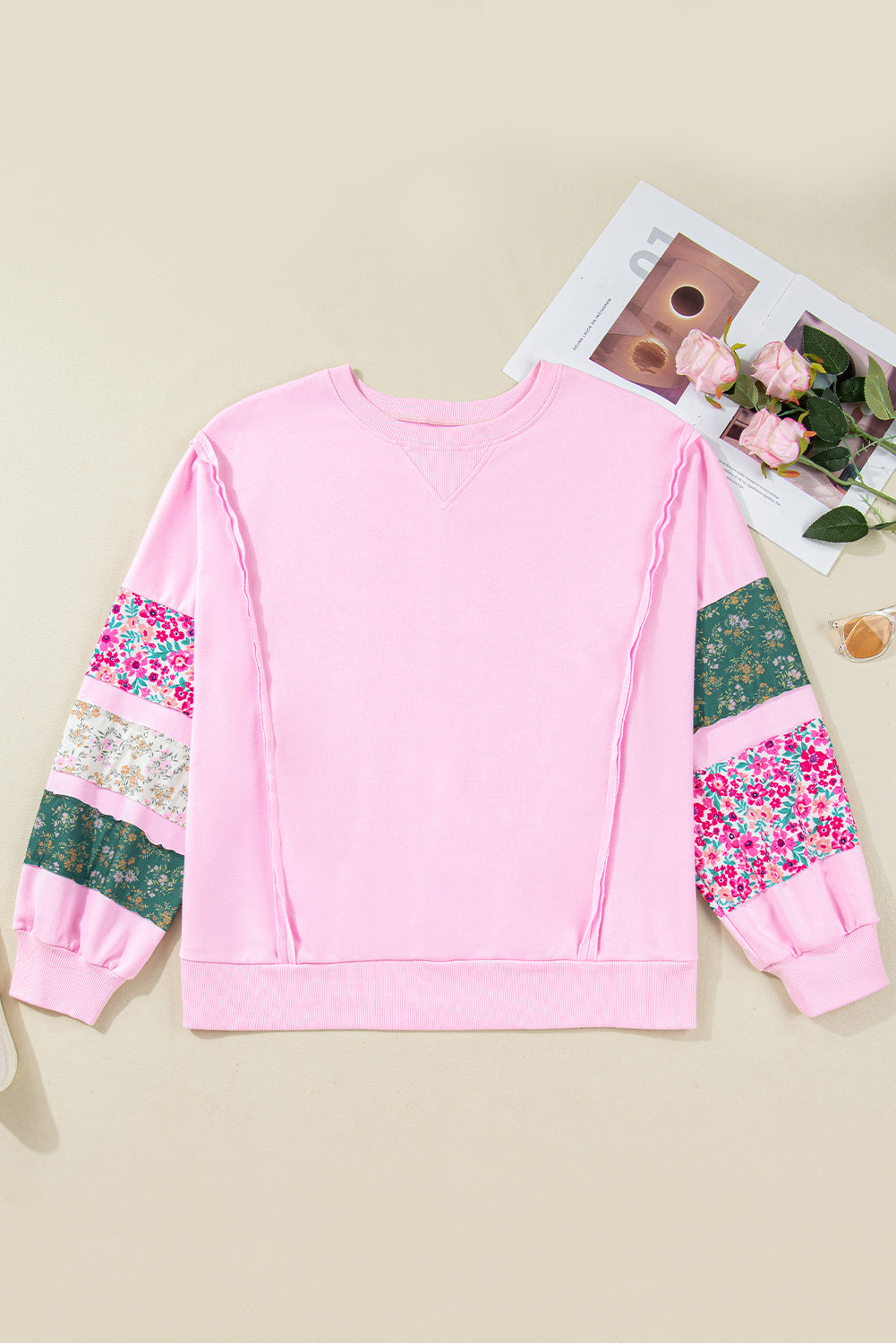 Plus Size Floral Patch Sleeve Ribbed Trim Sweatshirt