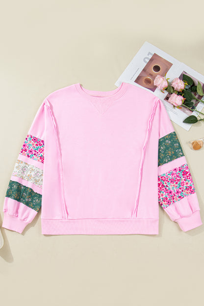 Plus Size Floral Patch Sleeve Ribbed Trim Sweatshirt