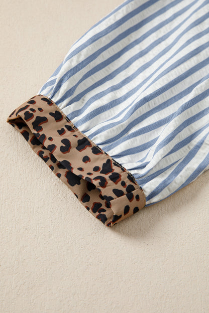 Stripe Leopard Trim V-Neck Buttoned Short Sleeve Shirt