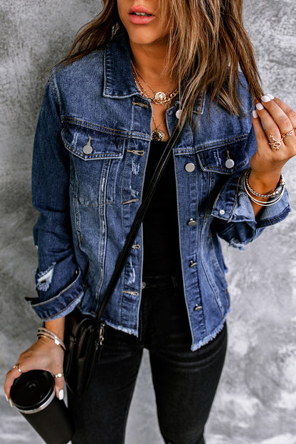 Denim Distressed Raw Hem Jacket