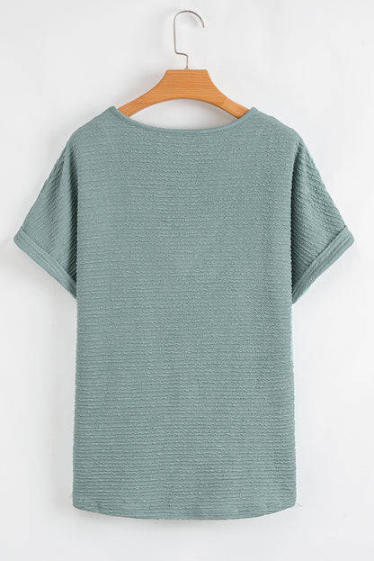 Solid Textured Wide Sleeve V-Neck T-Shirt
