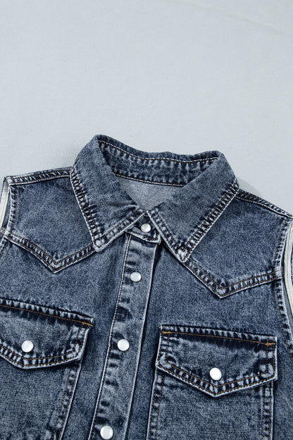Western Solid Denim Buttoned Pocket Sleeveless Vest