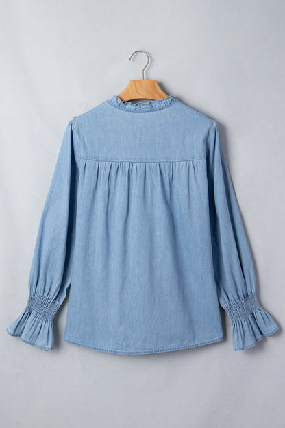 Western Denim Chambray Ruffle V-Neck Long Sleeve Blouse