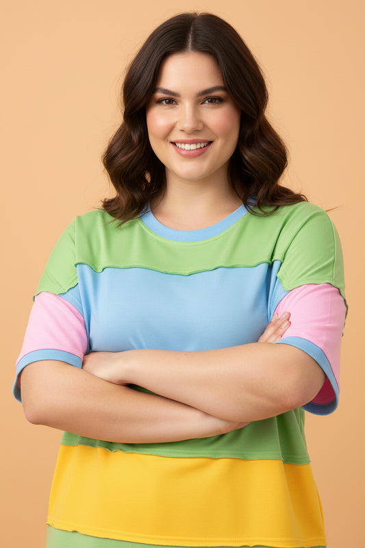 Plus Size Colorblock Raw Edge Short Sleeve T-Shirt