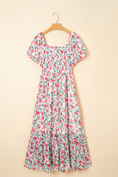 Floral Puff Sleeve Square Neck Tiered Dress