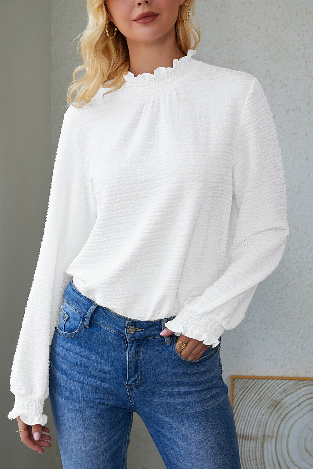 Smocked Mock Neck Bishop Sleeve Blouse