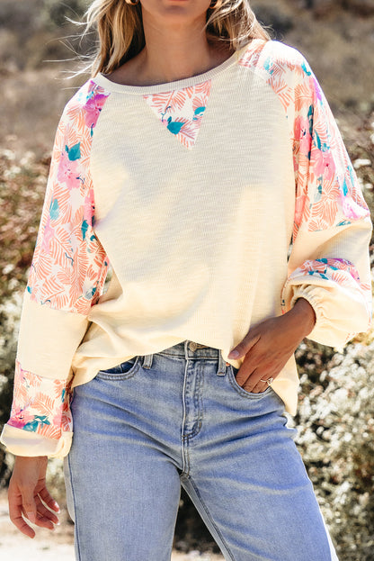 Floral Patchwork Balloon Sleeve Textured Blouse
