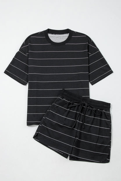 Stripe Short Sleeve Tee & Drawstring Shorts Set