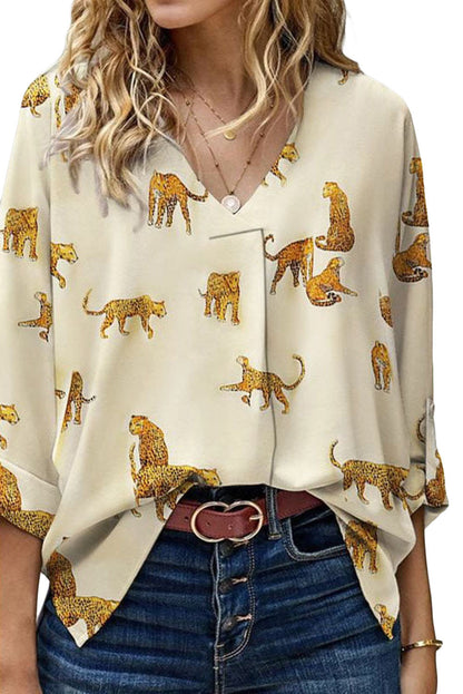 Leopard Rolled Tab Sleeve Blouse