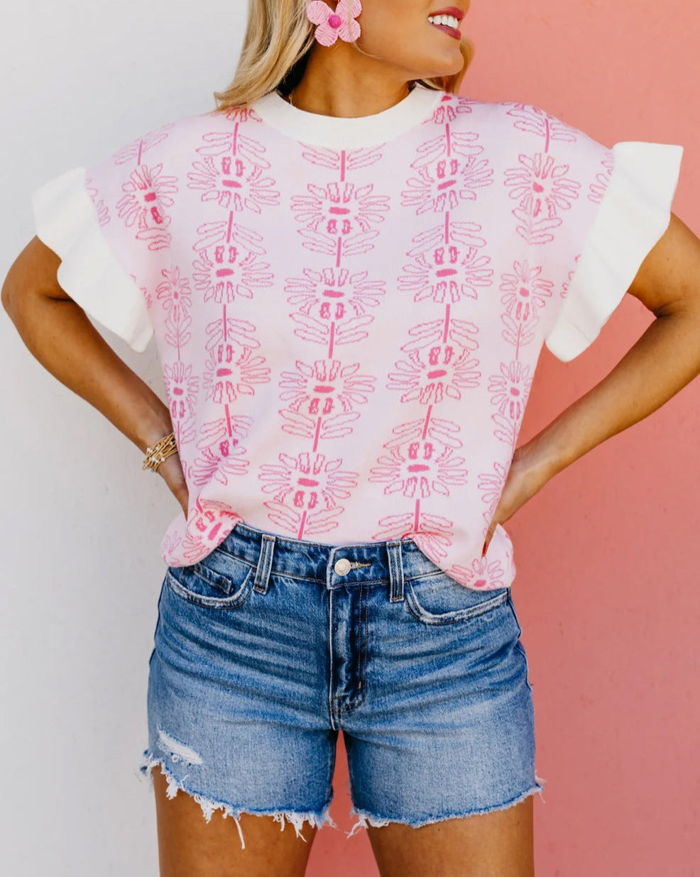 Floral Ruffle Short Sleeve Sweater