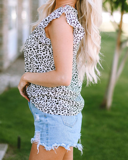 Leopard Floral Embroidered Ruffle Top