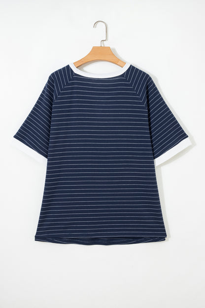 Plus Size Stripe Contrast Trim Ribbed T-Shirt