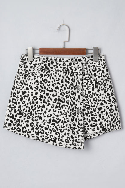 Leopard Denim Buttoned Overlap Shorts