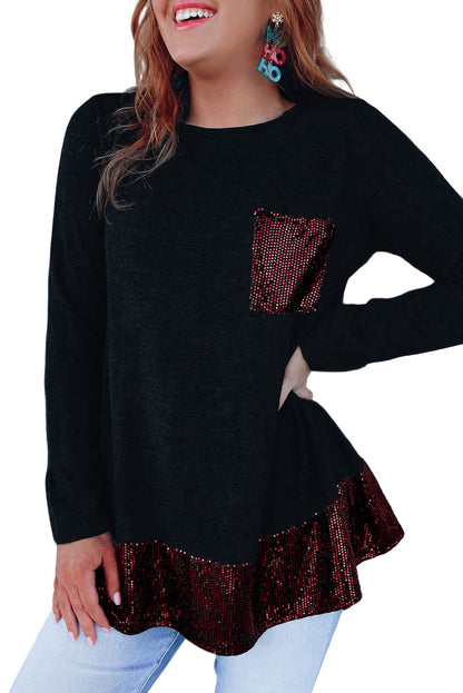 Sequin Patch Pocket Ruffle Top